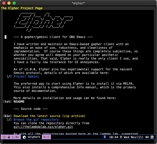 Screenshot of Elpher running in Emacs with a dark background.